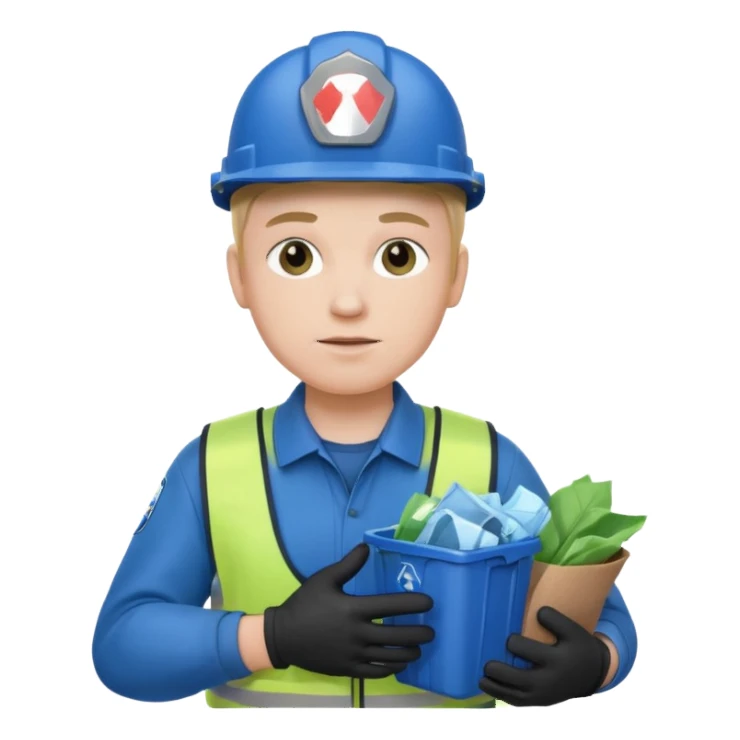 blue garbage man with blue helmet holding garbage  sticker