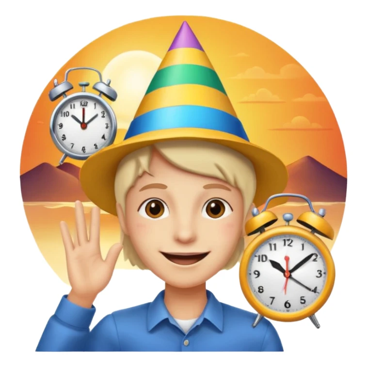 party face, alarm clock, sunset sticker