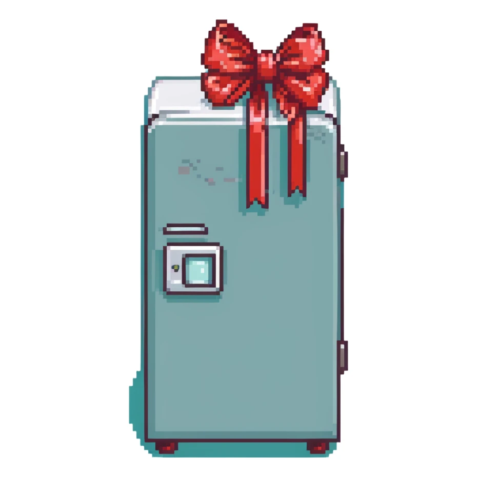 fridge with a big red bow sticker