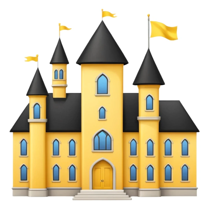 simple magic school, white background, magic school, black roof, with a big flag, big flag on a roof, big yellow flag, white school sticker