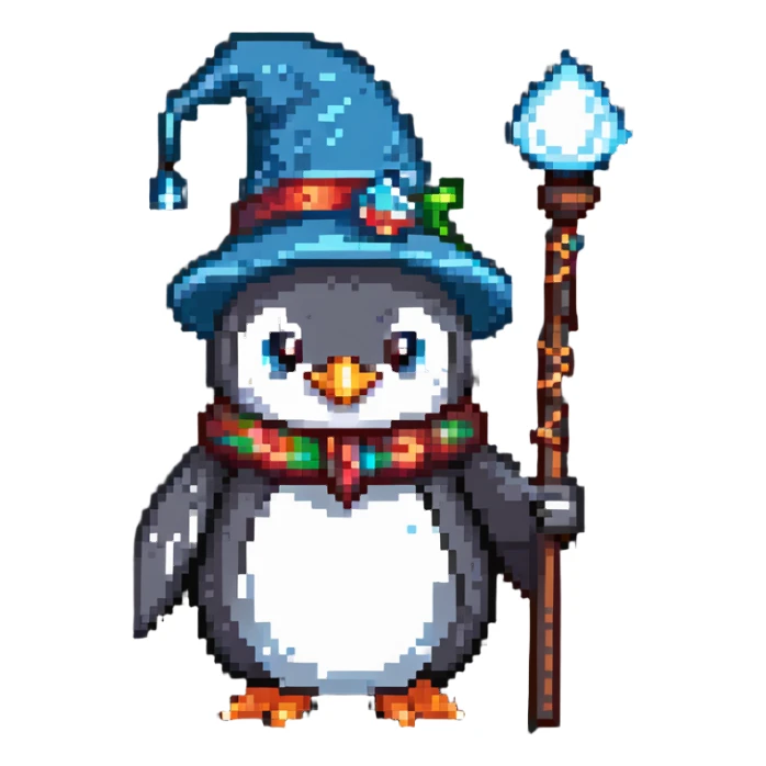 penguin wizard with a pointy hat and magic staff sticker