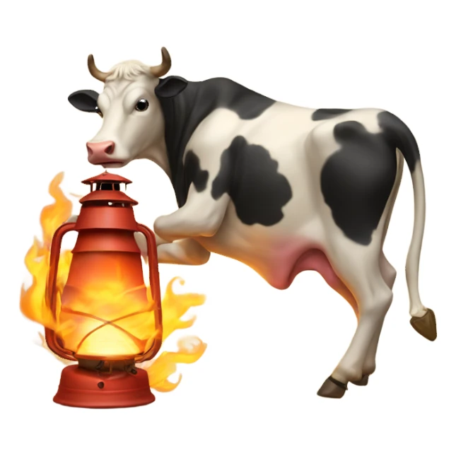 Cow kicking over a lantern staring a fire sticker
