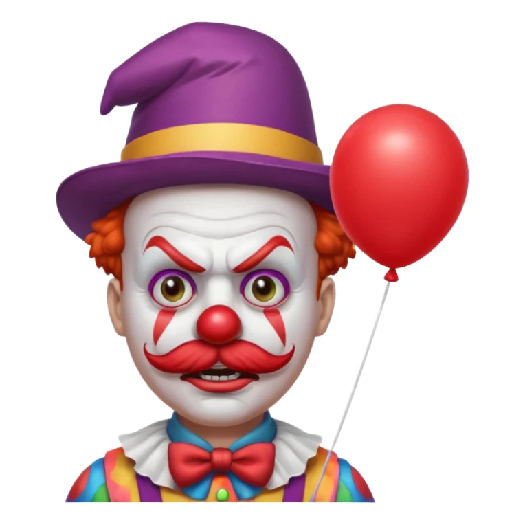 Angry clown — furrowed brow, mustache, tiny hat, hold red balloon sticker