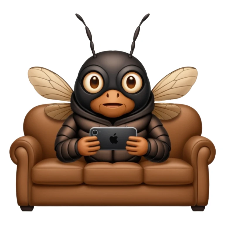Black Cicada cartoon style watching on a phone sit on a brown sofa  sticker