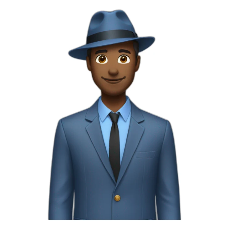 Man in blue button down shirt, blazer, fedora sticker