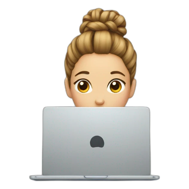 hair bun behind a laptop sticker
