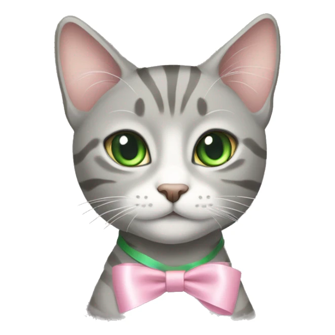 grey tabby cat with green eyes and light pink ribbon bow on her head sticker