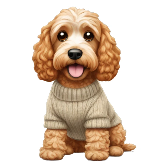 Ginger cockapoo wearing a jumper sticker