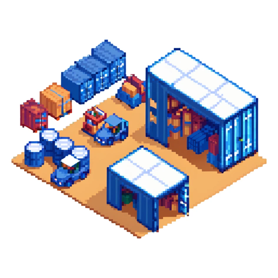 isometric warehouse building with loading dock, shipping containers, and forklift sticker