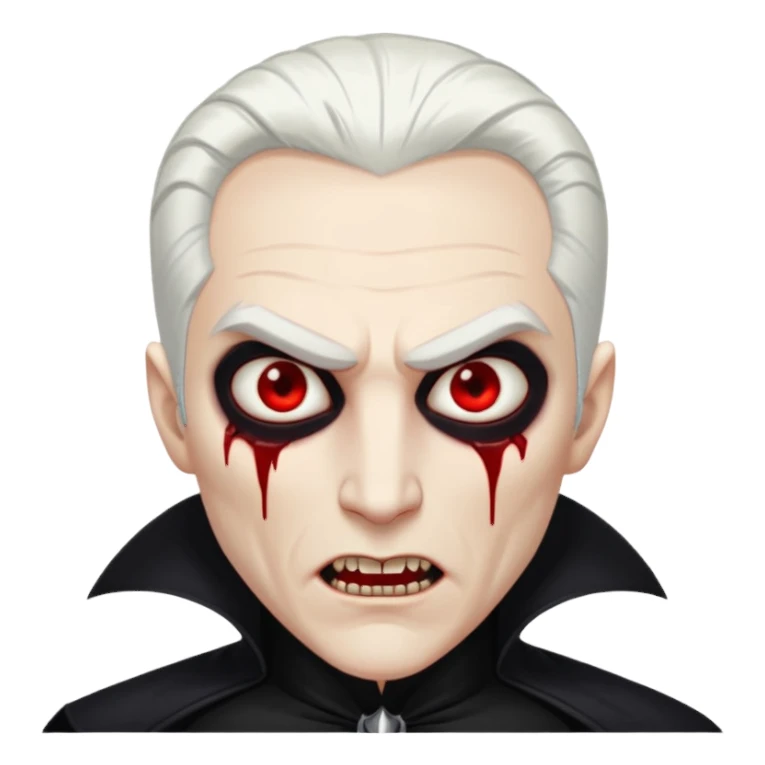 Creat a young man Vampire with white skin and white hair "make him have slide back hair" and full black vampire clothes and bloody eyes and long fangs and scary dead eyes sticker