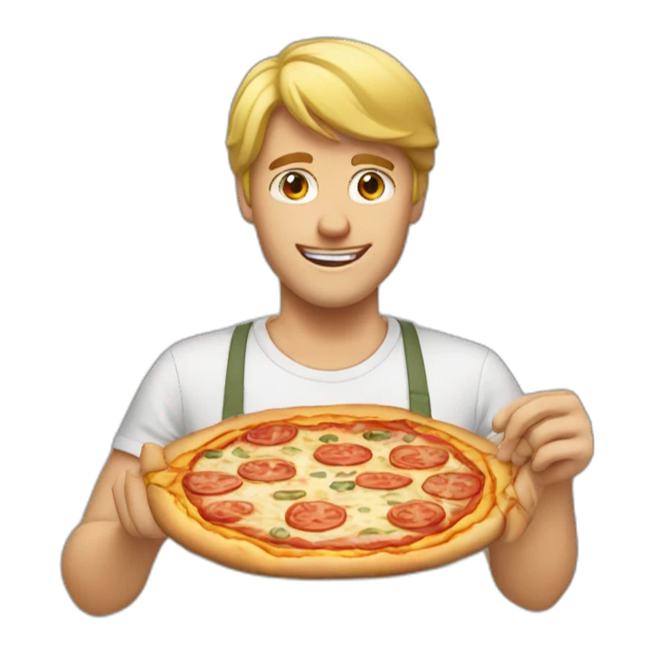 a blond man making a pizza sticker
