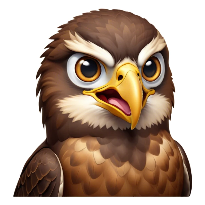 Cinematic Comical Hawk Portrait Emoji, Head tilted dramatically with an exaggeratedly shocked expression, featuring a sharply defined beak and wide, comically expressive eyes full of playful disbelief, Simplified yet hilariously expressive features, highly detailed, glowing with a slightly sassy glow, high shine, dramatic yet playful, stylized with an air of cheeky aerial mischief, soft glowing outline, capturing the essence of a meme-worthy hawk that looks ready to side-eye its way into viral fame! sticker