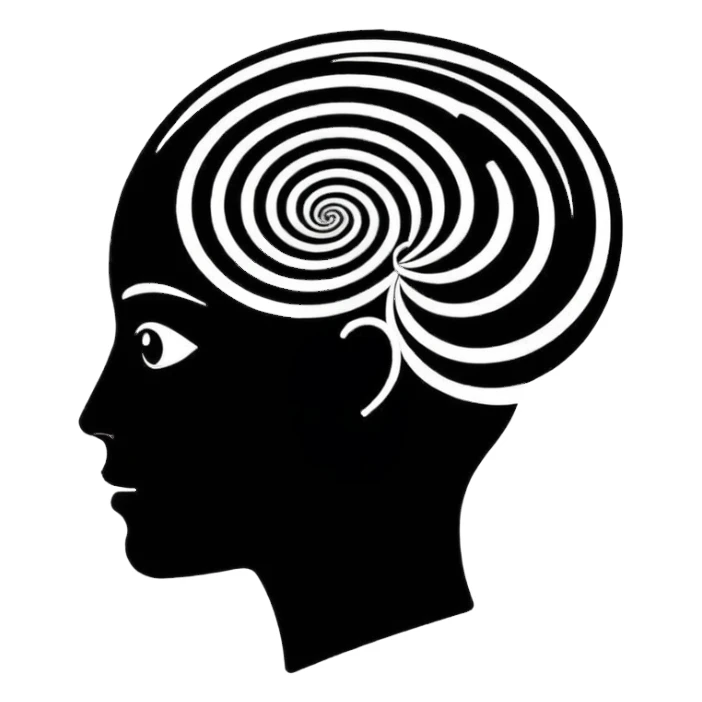 Minimalistic flat vector icon, iOS style, thin black contour on white background. Human head silhouette with spiral inside. Clean, no text, no shadows.
 sticker