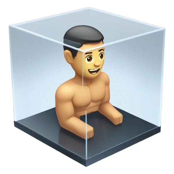 male abs inside a glass cube on a stand isometric view sticker