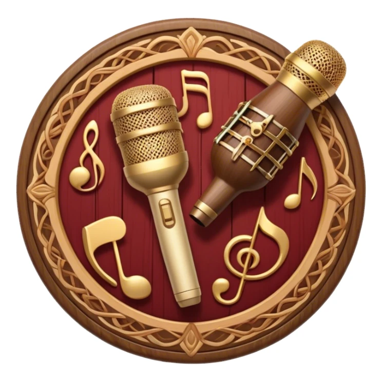 Create a warm and authentic humanless emoji representing folk singing. The design should feature a traditional folk microphone at the center, surrounded by classic instruments such as a bayan (button accordion), gusli (a traditional Russian zither), and a tambourine. Arrange these instruments in a harmonious, circular pattern to evoke a sense of folk music and community performance. Use natural, earthy colors like wood brown, deep red, and golden accents to reflect the rustic and heartfelt spirit of folk music. Add subtle musical notes to the background to convey the rhythm and harmony of the performance. The background should be transparent. sticker
