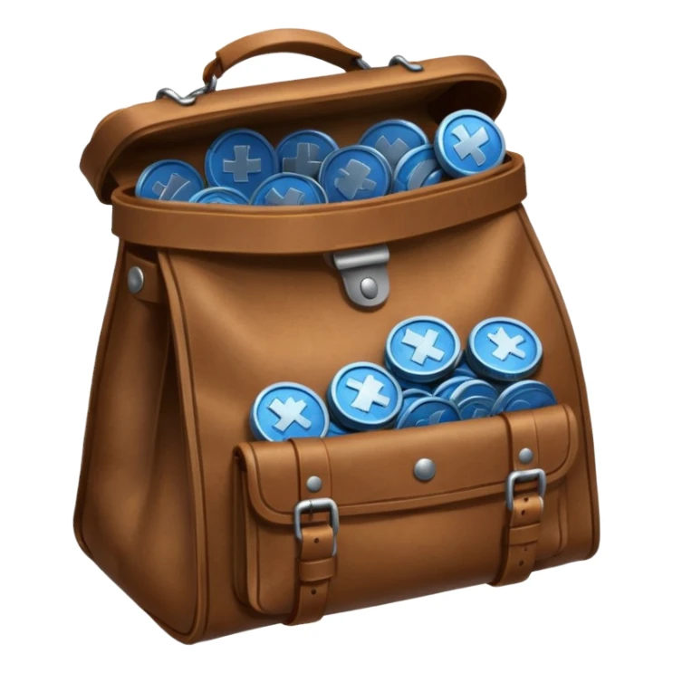 blue coins inside a brown leather bag  sticker