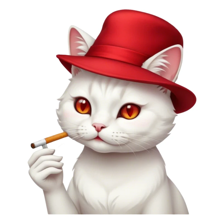a white cat smoking cigarette with a red hat sticker
