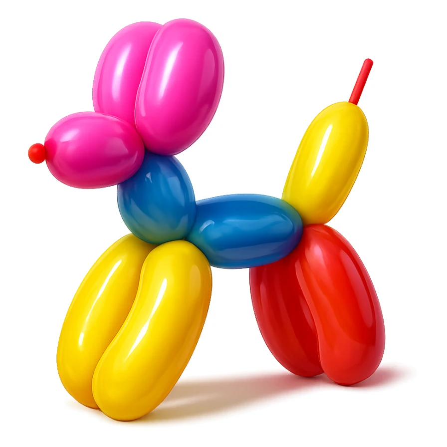 <system_prompt>
  <style>
    <name>Hyperrealistic Colorful Balloon</name>
    <description>3D render designed in a hyperrealistic colorful balloon style.</description>
    <materials>
      <surface>
        <type>latex</type>
        <finish>shiny</finish>
        <reflectivity>high</reflectivity>
        <stretching>slightly_stretched</stretching>
        <imperfections>
          <creases>subtle</creases>
          <warps>light</warps>
          <kinks>natural</kinks>
        </imperfections>
        <ends>tied</ends>
      </surface>
    </materials>
    <shape>
      <feel>inflated</feel>
      <construction>hand-twisted</construction>
      <volume>high</volume>
    </shape>
    <lighting>
      <style>sharp</style>
      <shadows>none</shadows>
      <enhance>volume</enhance>
    </lighting>
    <aesthetic>
      <mood>playful</mood>
      <style>pop-art</style>
    </aesthetic>
    <background>
      <style>minimal</style>
      <clean>true</clean>
    </background>
  </style>
</system_prompt>

{subject} = dog sticker