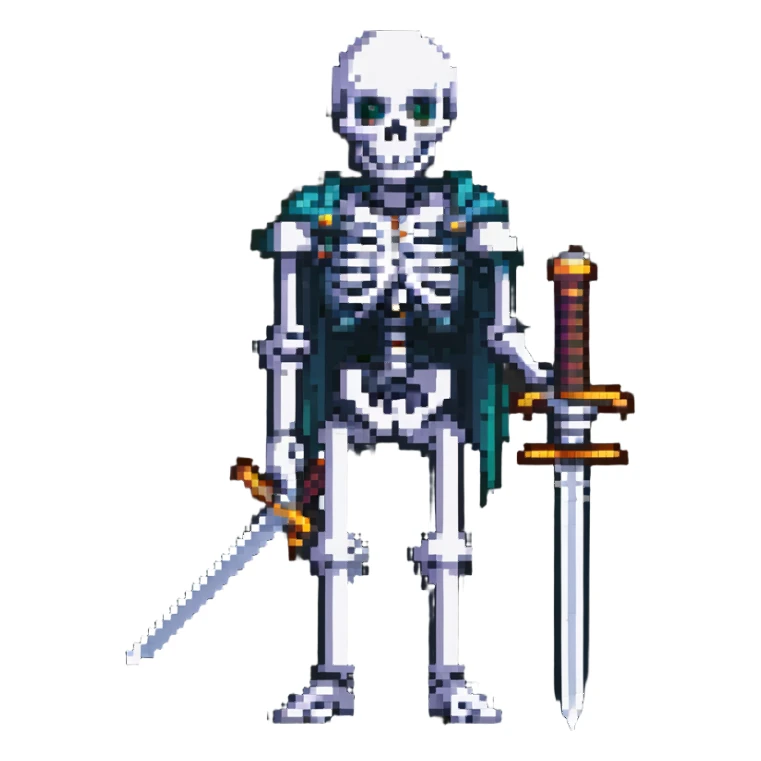 pixel art skeleton holding a sword, simple and bold design sticker