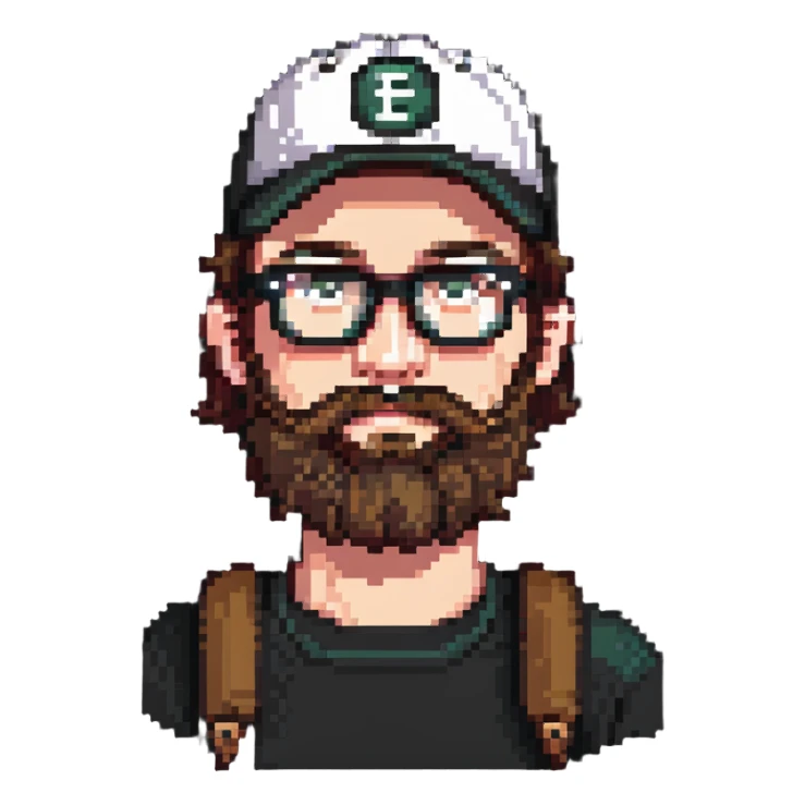 adventurer with beard, glasses and backwards baseball cap sticker