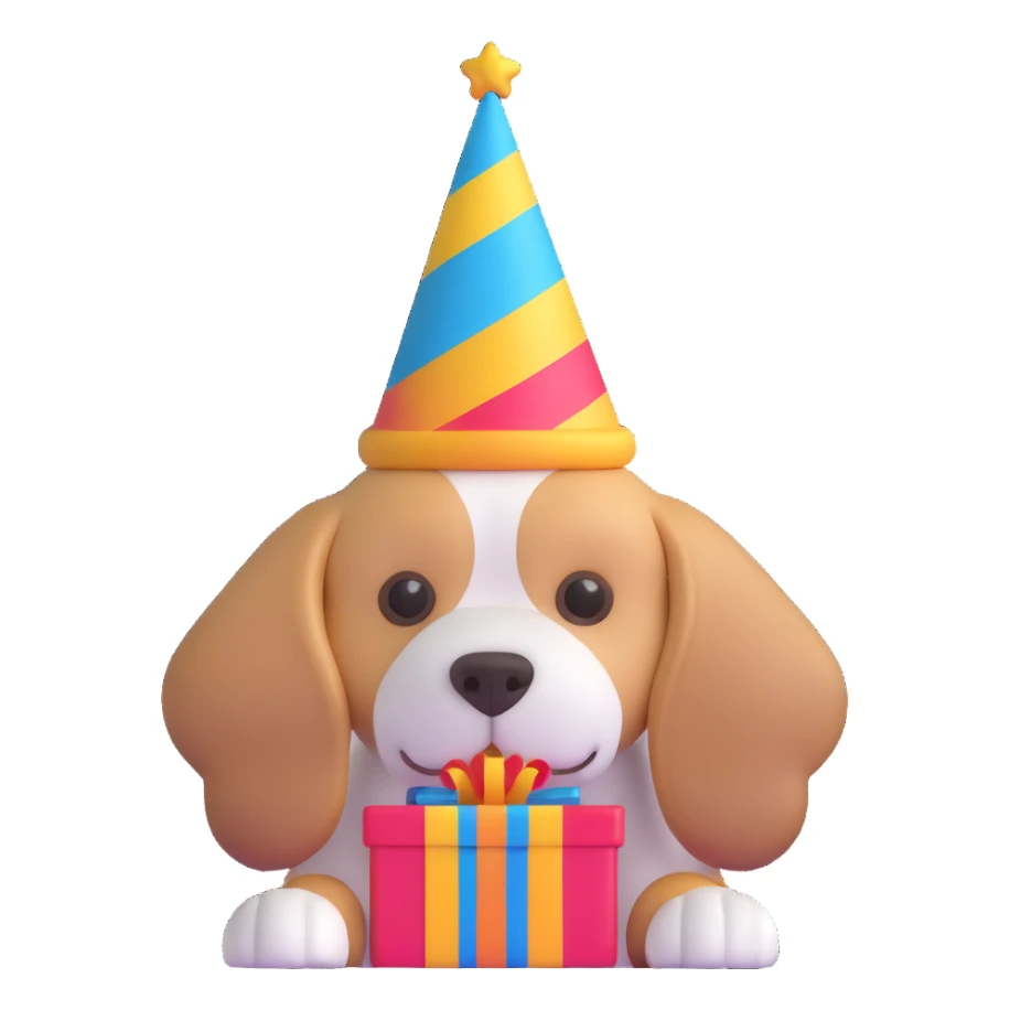 dog wearing a birthday hat sticker