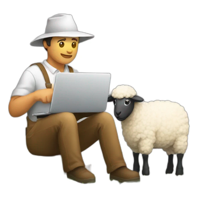 farmer working laptop beside sheep sticker