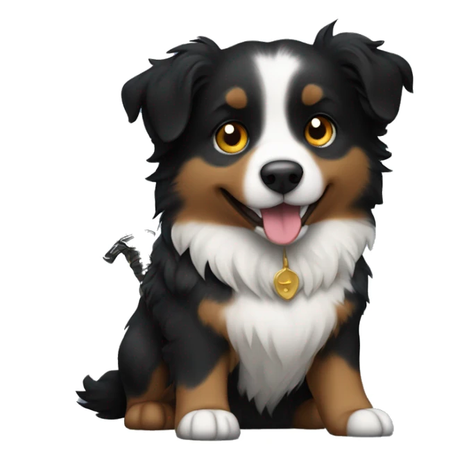 Small black australian shepherd dog with a sword sticker