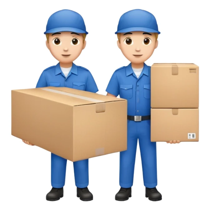 two workers in blue uniforms and hat caps carrying a large box sticker