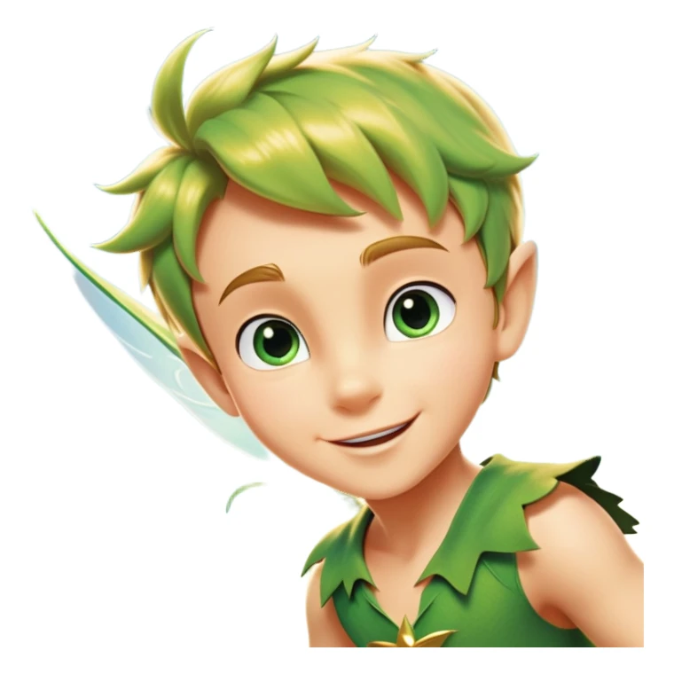 cinematic-realistic-peter-pan-portrait, head tilted dramatically with an exaggeratedly amused expression and sparkling eyes brimming with playful mischief, his iconic outfit rendered in vivid detail with dynamic shadows, soaring through the air. Flying right Next to him is a glowing Tinker Bell, whose delicate wings leave a trail of shimmering pixie dust across a whimsical sky. sticker