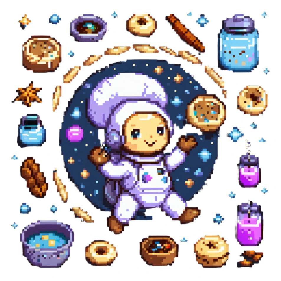 An interstellar baker crafting cookies in zero gravity, using stardust and planetary spices. The kitchen orbits a nebula, with floating tools and anti-gravity dough. UI features galactic swirls, shimmering constellations, and planetary icons. sticker