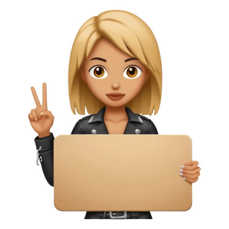 A rocker chick holding a large blank sign sticker