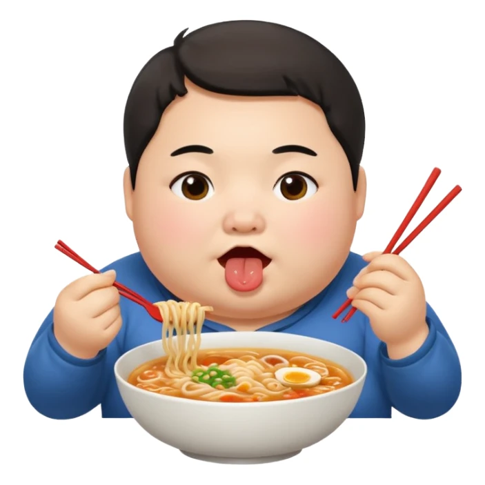 A chinise fat person eating ramen while its cheeks getting chubby sticker