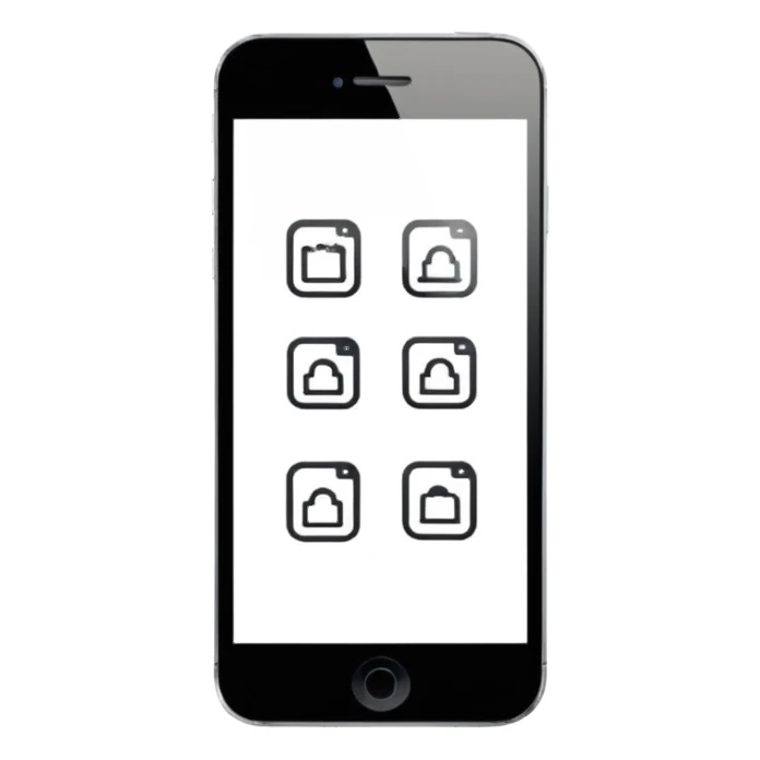Minimalistic flat vector icon, iOS style, thin black contour on white background. Three small developer silhouettes around a smartphone with code brackets <>. Clean, no text, no shadows sticker