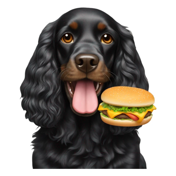 Black cocker spaniel eating a cheeseburger sticker