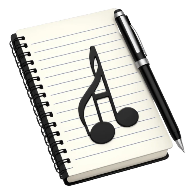 Minimalistic flat vector icon, iOS style, thin black contour on white background. Small notebook with a musical note on the cover, a pen placed next to it. Clean, modern, no text, no shadows. sticker