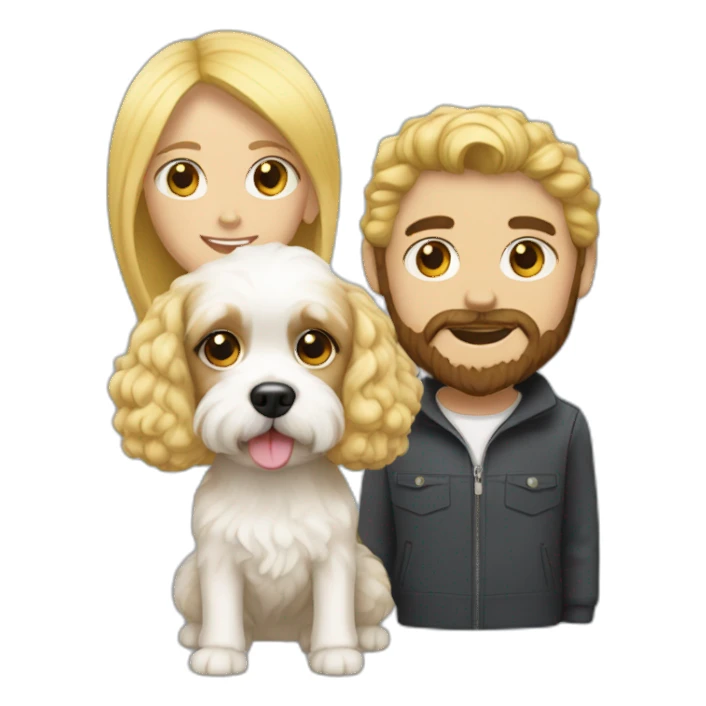 White Cavapoo with a blonde girl and a bearded dark haired guy sticker