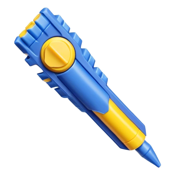 A blue foam nerf dart with yellow on both ends sticker