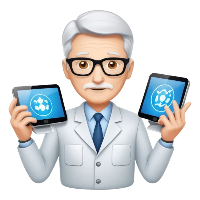 Senior IT Specialist with multiple high-tech devices, confident expression, showing leadership, advanced technical expertise sticker