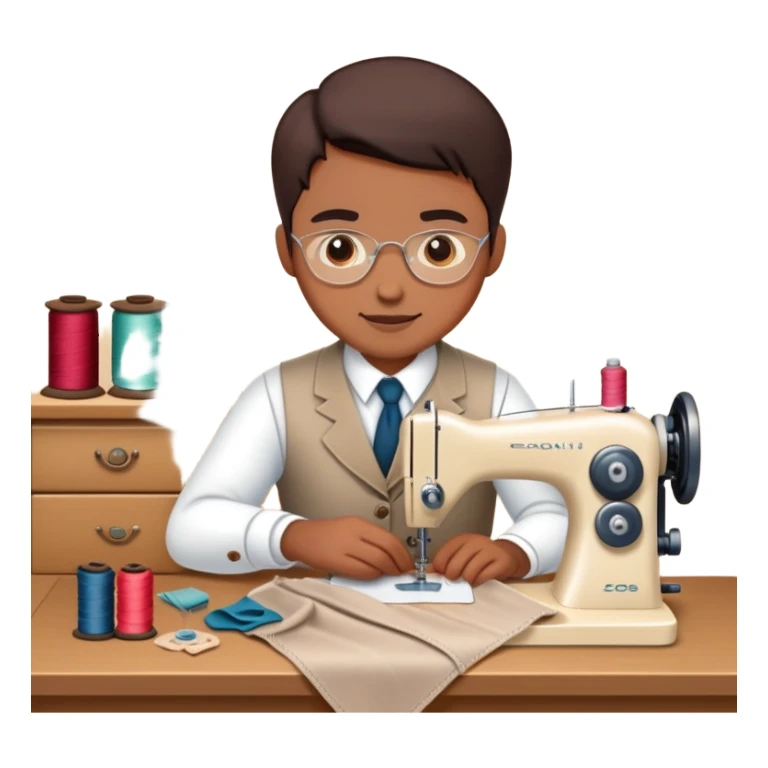 tailor sewing at a table with fabric and thread sticker