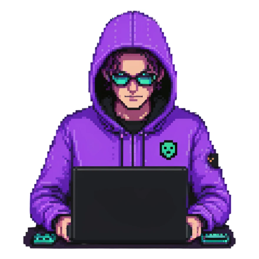 hacker with glowing purple laptop sticker
