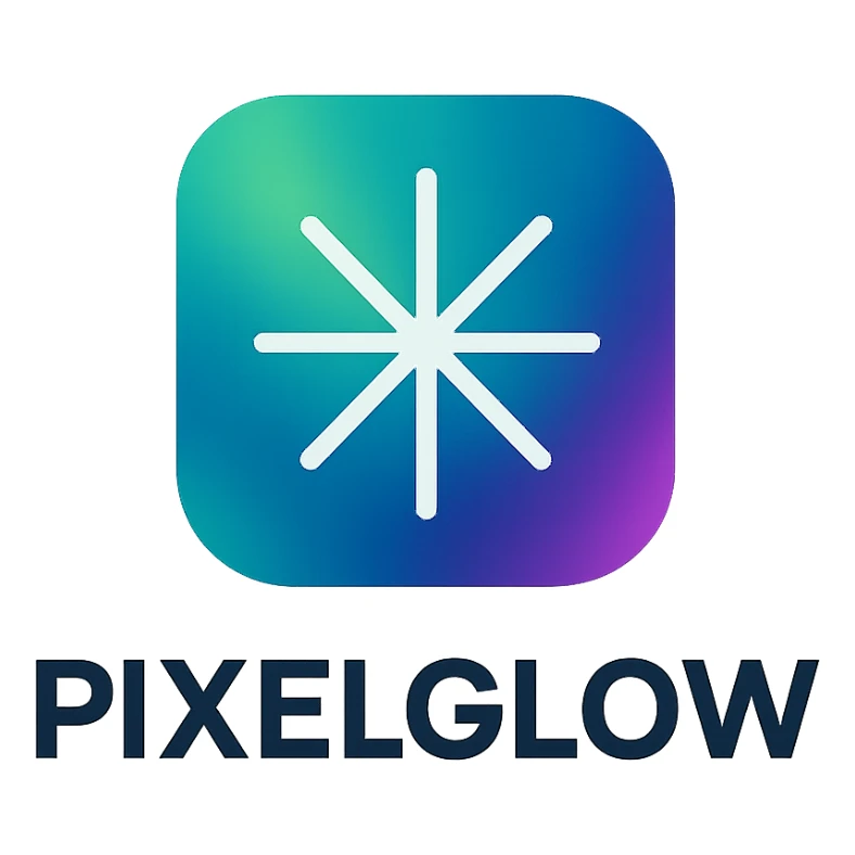 modern logo for PixelGlow, rounded square with aurora gradient background, central white geometric starburst, clean, professional, tech-friendly, and fun sticker