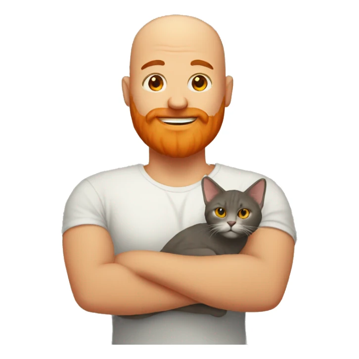 A bald man with a big orange beard holding a cat sticker
