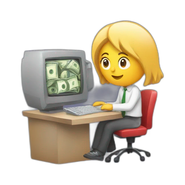 person at computer with money sticker