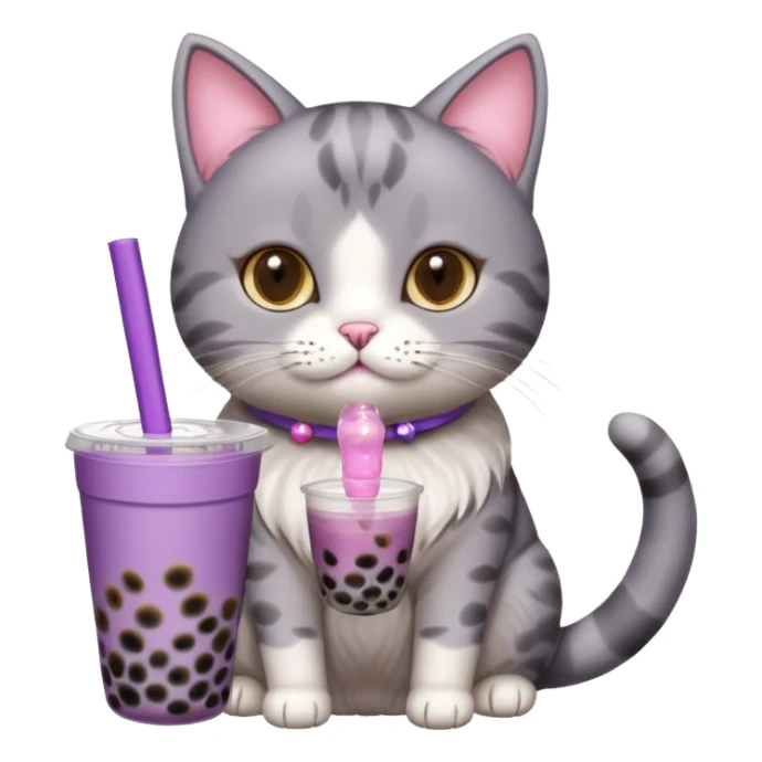 a cat drinking from a mini purple bubble tea cup, cat and bubble tea are different separate figures sticker
