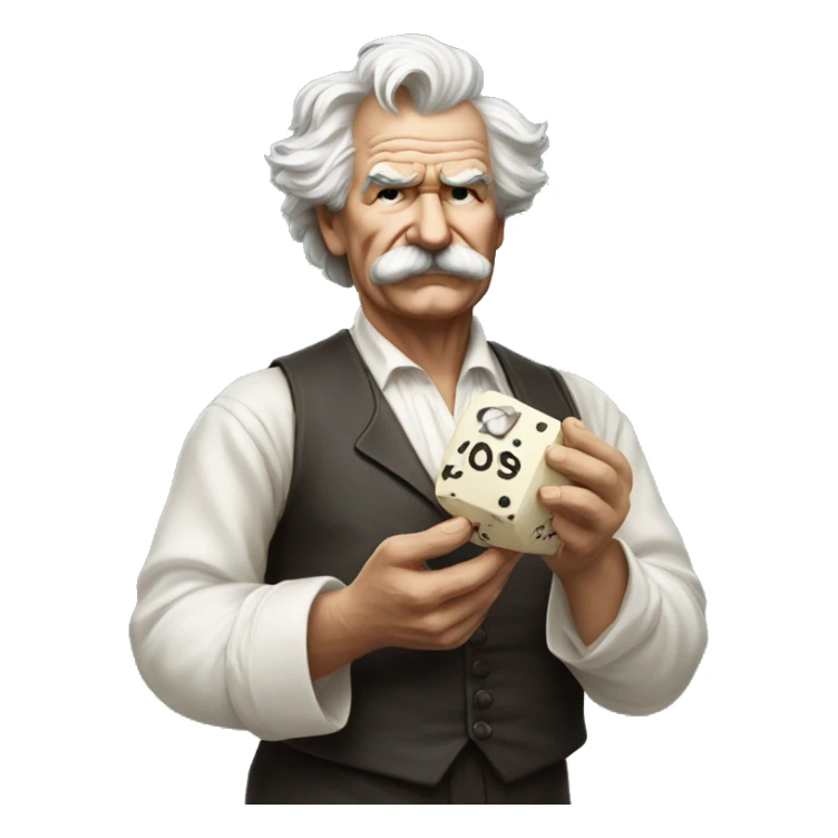 Mark Twain holds a dice sticker