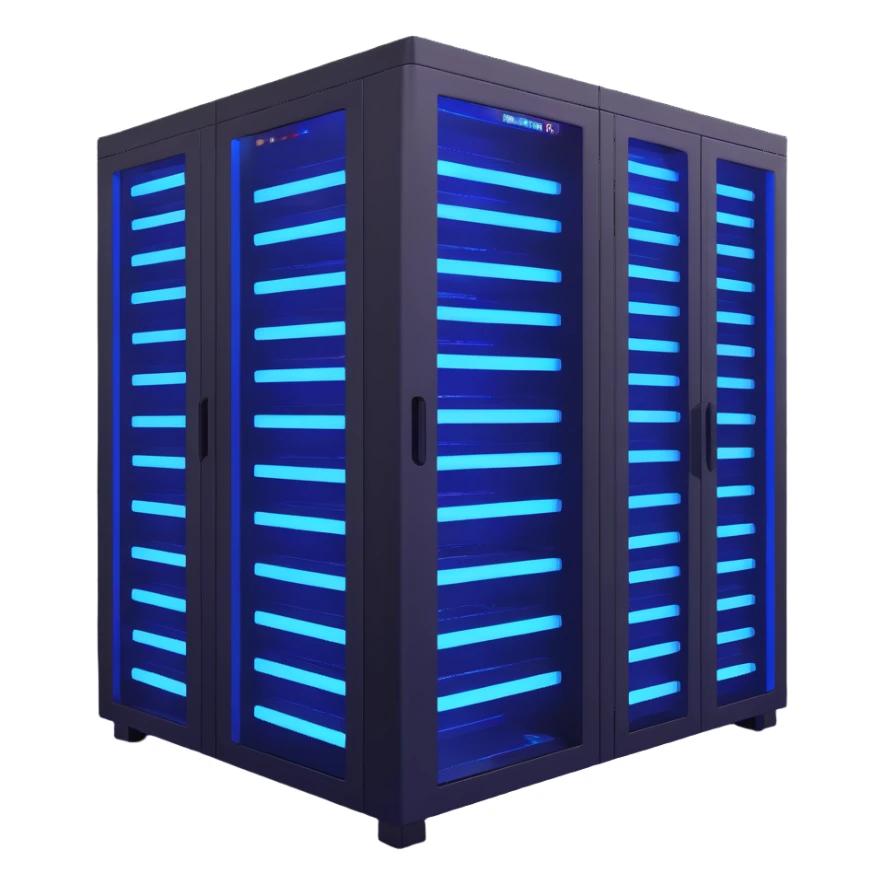 modern server rack with blue glowing lights sticker
