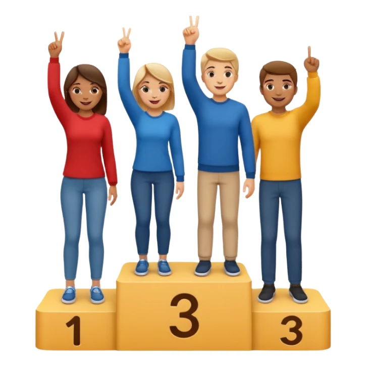 winners podium with three people numbered 2, 1, 3 left to right, all in relaxed casual clothes, center person on 1 step raising one finger on each hand, cheerful expressive friendly emoji style sticker