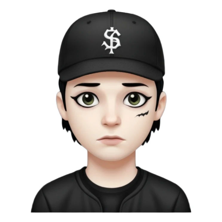Black goth man with backwards baseball cap sticker