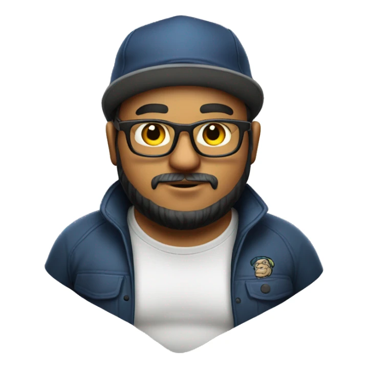 chubby programmer with beard, glasses, yankess hat, airpods with tattoos sticker