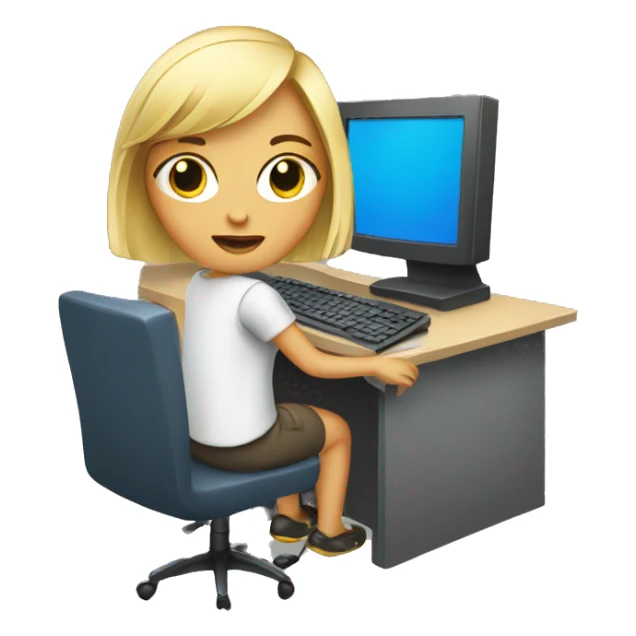 Blond girl working on computer sticker